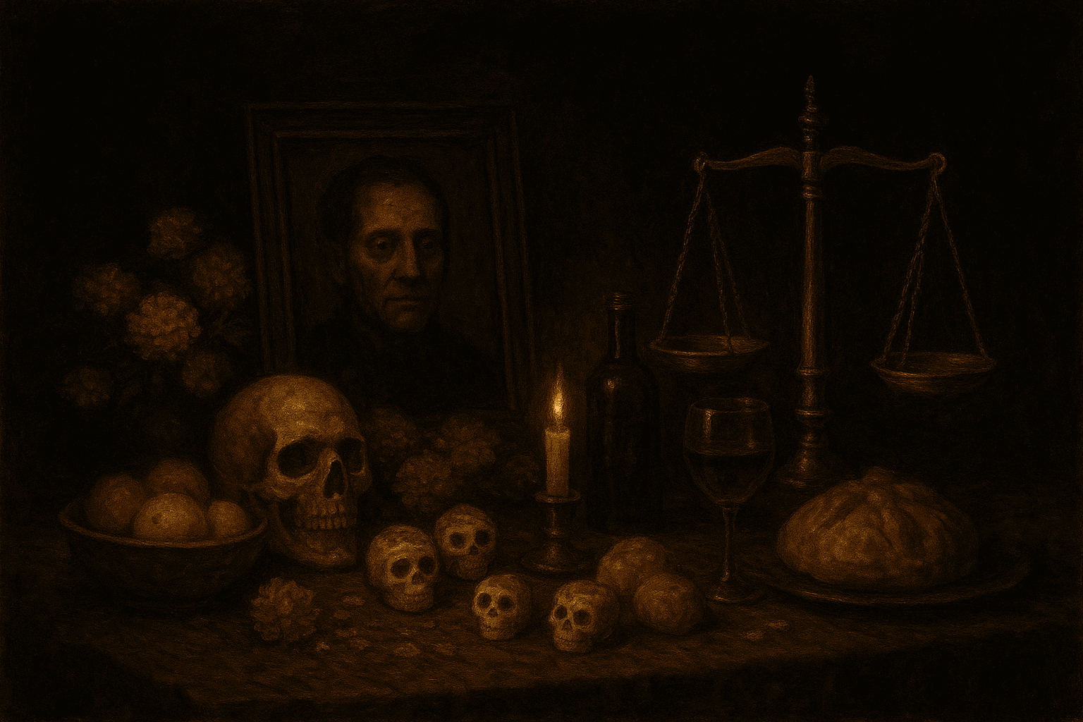 disegno scuro teschi, candela e bilancia